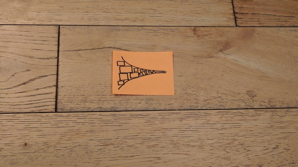 Post-it on a wooden floor, with a drawing of a cone with concave sides. The wide end (on the left) is packed with a few large squares, and as the cone narrows it's packed with more and more smaller squares.