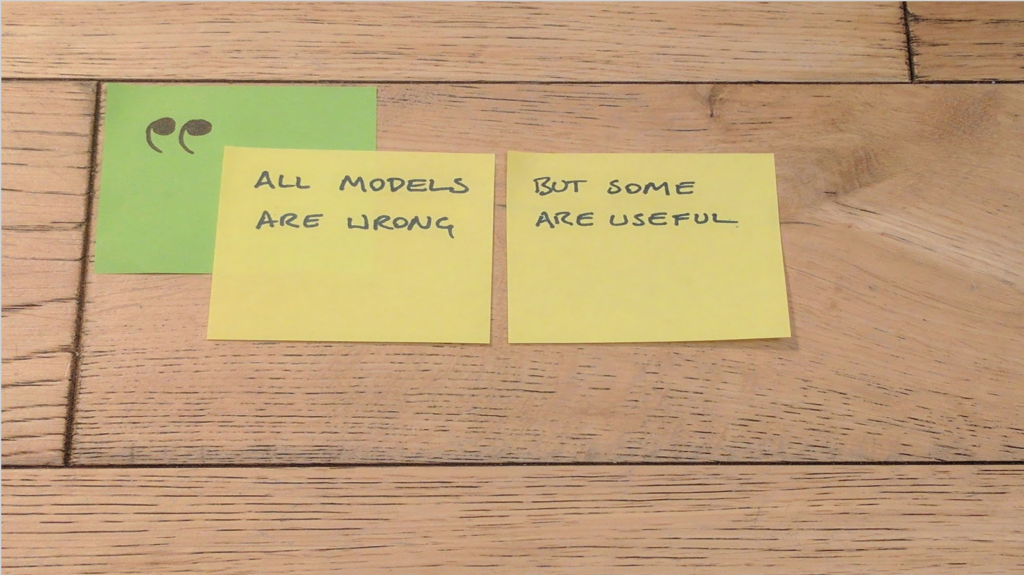 Post-its with a quote: 
"All models are wrong" 
"But some are useful"