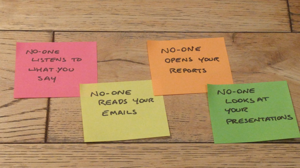 Post-its, with the "No-one" statements that appear in the paragraph right after this image.