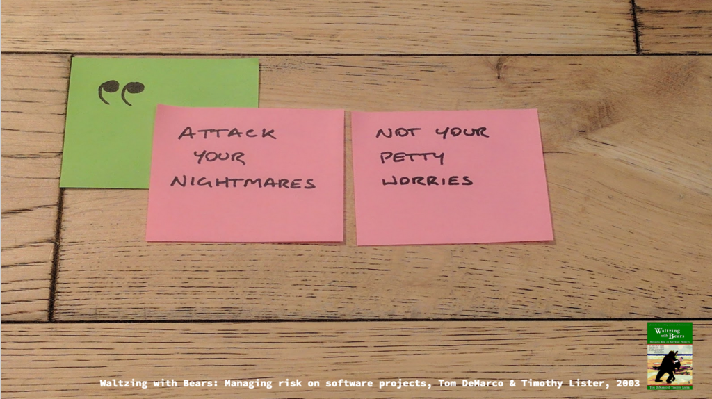 Post-its on a wooden floor, showing a quote: 
"Attack your nightmares"
"Not your petty worries"

Typed along the bottom is the source: "Waltzing with Bears: Managing risk on software projects, Tom DeMarco & Timothy Lister, 2003"