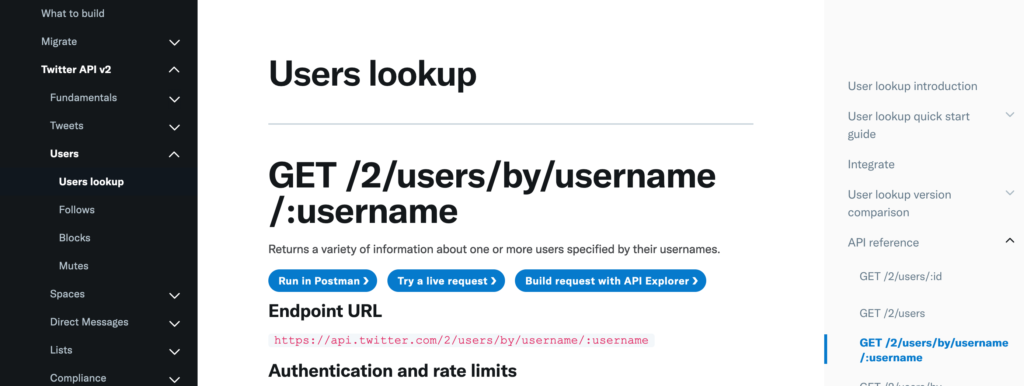 Documentation page for users lookup, showing what URL to call, and what details need passed. There are buttons to try out this call in various ways. 