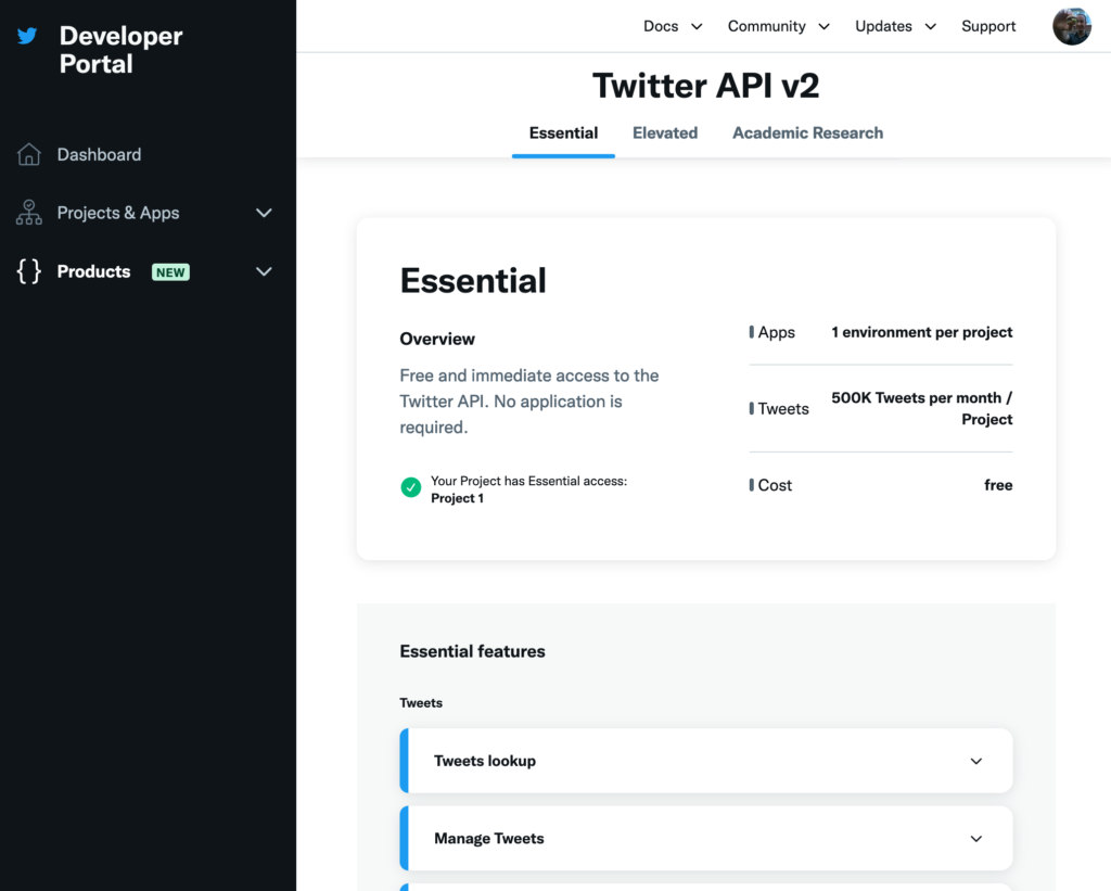 Screenshot of the Twitter API v2 developer portal page. I'm using Essential access (Free, for 1 enviromnent per project, 500K Tweets per month).