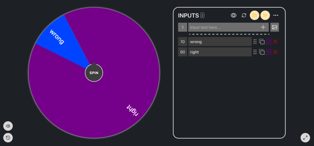 The pickerwheel site, showing a spinning wheel with 90% "right" and 10% "wrong"