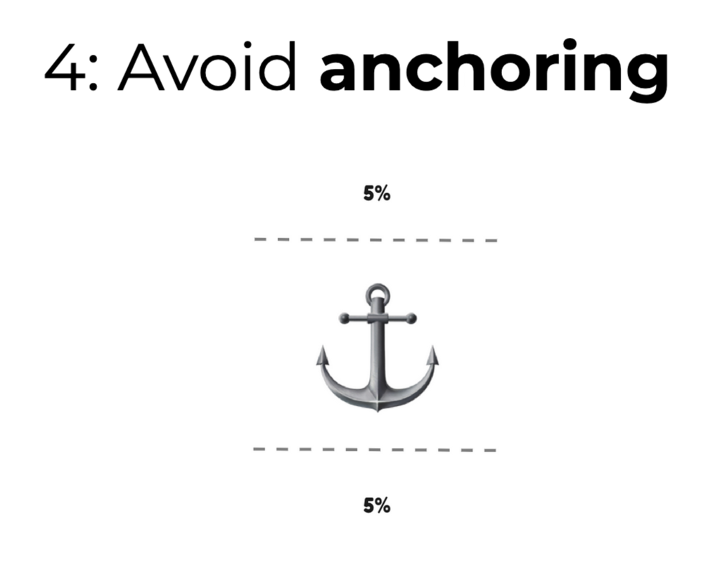4: Avoid anchoring, with an anchor in the middle and dotted horizontal lines above and below. Each line is labelled "5%".
