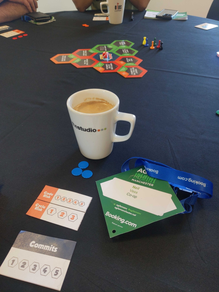 Photo of the board game, a mug of coffee, and my conference name badge.