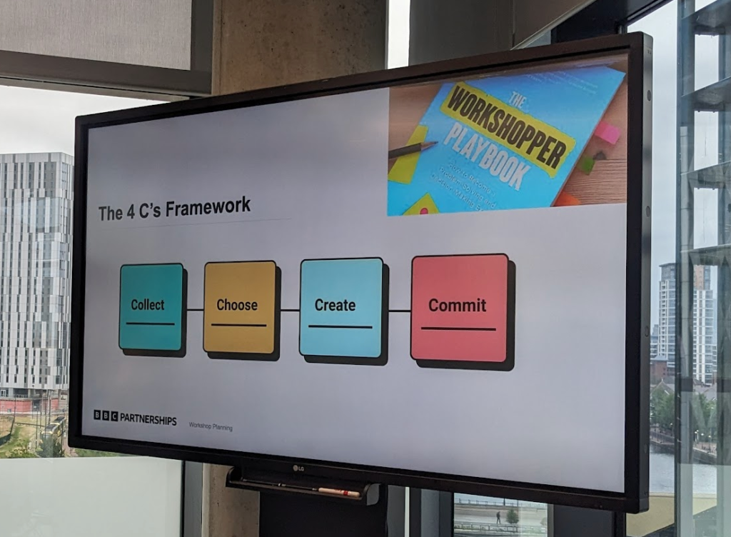 Slide showing "The workshopper playbook".

The 3 C's framework has 4 squares, one after another: Collect, Choose, Create, Commit.
