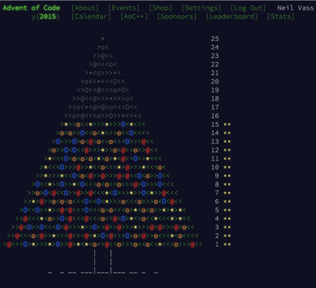 Calendar view for the 2015 advent of code puzzle: an ASCII-art Christmas tree, with about half of it lit up in colours and the top half in grey. Numbers at the side from 1 at the bottom to 25 at the top show 2 stars against each of the rows of the tree that's lit up.

Across the top, old-fashioned green screen computer monitor writing says "Advent of Code 2015", and has links to Events, Leaderboard, and other things.