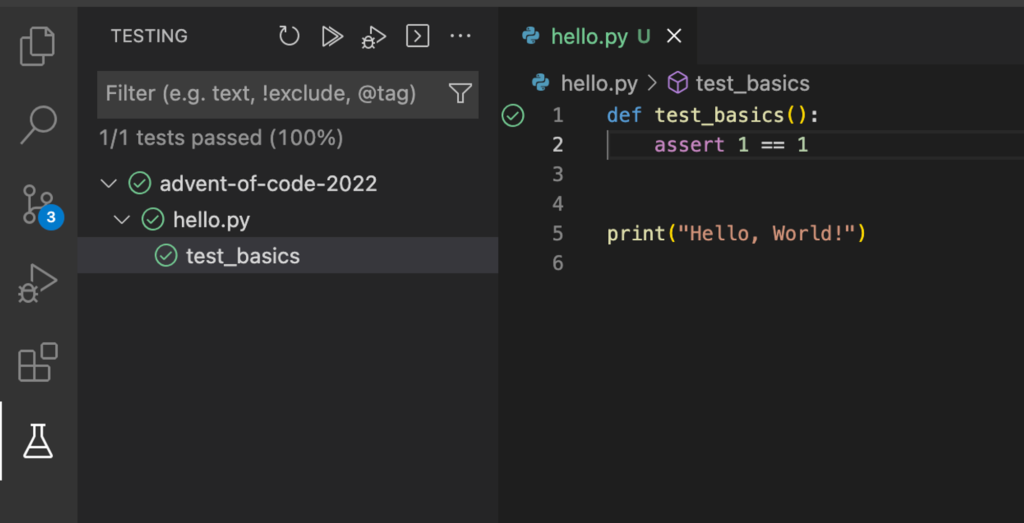The VS Code development environment. On the left, a testing pane shows "test_basics" has passed.

On the right, the file "hello.py" shows the code of test_basics: "assert 1 equals 1". Underneath that, a "print hello world" statement.