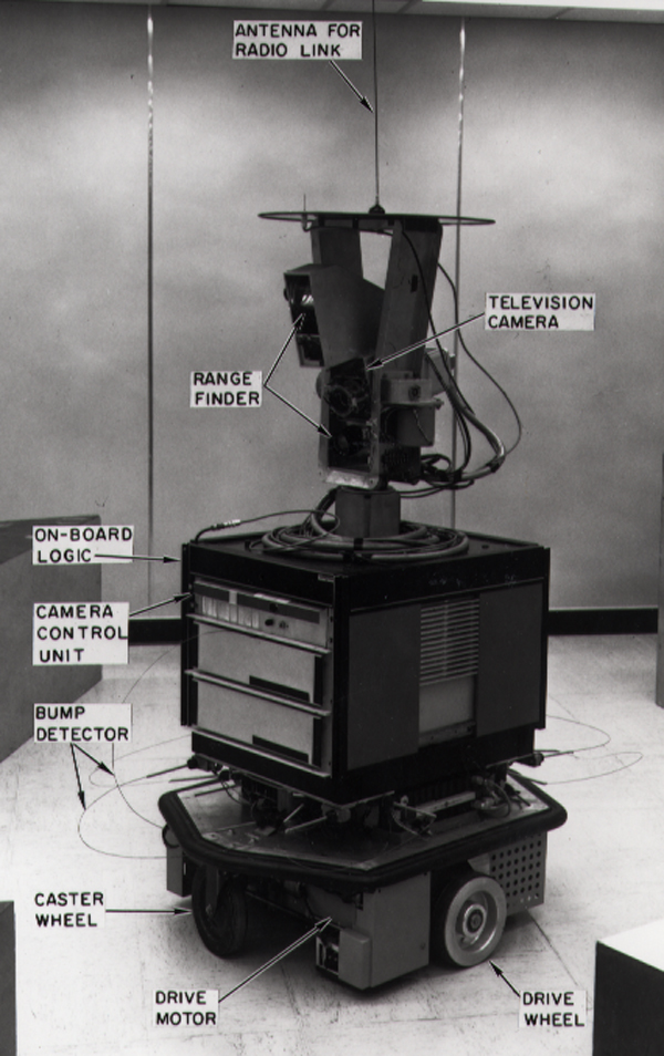 Photo of Shakey: a wheeled platform, with boxy computer equipment for the middle and various sensors and cameras on a "head" above it. Looks fairly rough and ready.

The photo has labels pointing to parts of it. On the top section: antenna for radio link, television camera, range finder.

In the middle: On-board logic, camera control unit.

At the bottom: Bump detector, caster wheel, drive motor, drive wheel.
