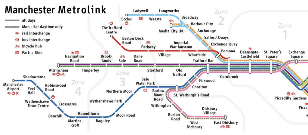 Part of the Manchester Metrolink tram map, showing lines and stations from Mancehster Airport, Altrincham, and the Trafford Centre toward the left, and Piccadilly Gardens toward the right of this image.