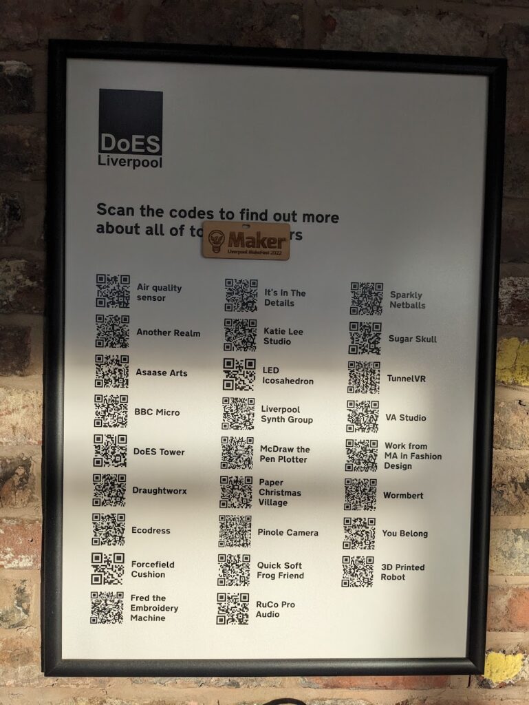 Photo of a framed poster on a brick wall: DoES Liverpol logo, and "Scan the codes to find out more about all of the Makers".

There are 26 QR codes, each with a charming name like "Fred the Embroidery Machine" and "Sparkly Netballs".