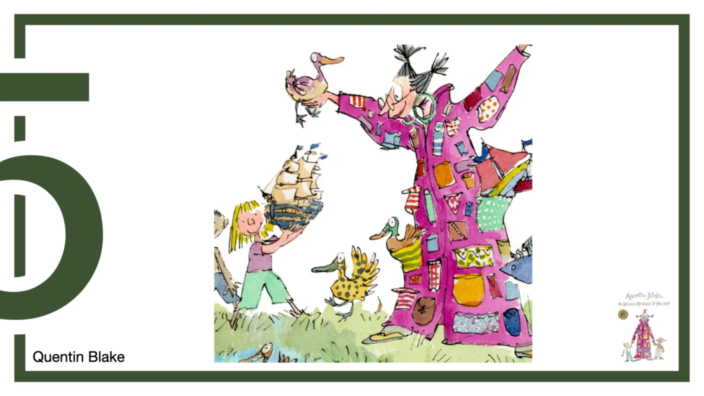 Image from the Angelica Sprocket book: drawing of a woman in a pink floor-length coat with lots of different coloured pockets, some with ducks and boats peeking out of them. She's holding her arms high, holding a duck in one. Children are taking a toy boat from her.

This slide has the same 5 and green border.
