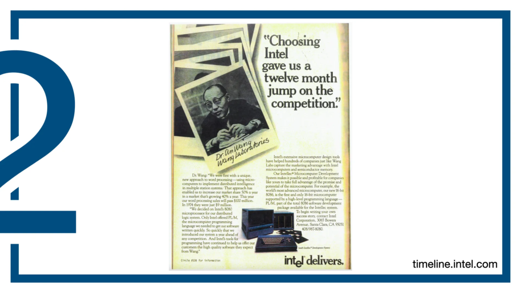 Blue outline round a slide with part of a large "2" on the left.

In the middle an old-fashioned magazine advert says "Choosing Intel gave us a twelve month jump on the competition" at the top, and "Intel delivers" at the bottom.

2 colums of lots of small text descrive intel's products, and there's a stack of polaroids with customers. In the middle, a picture of 1980 computers.

Bottom right of the slide says "timeline.intel.com".