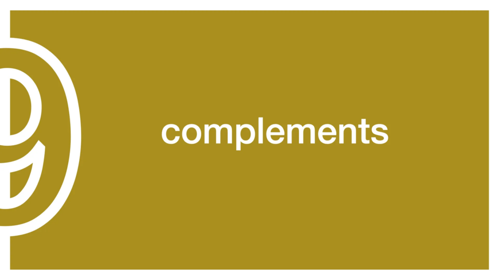 "Complements" in large white text on a gold background. A large number 9 is off to the left.