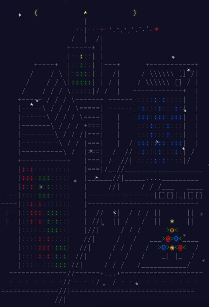 Office building, a Christmas tree, with snow falling and colourful lights - all made of text characters.