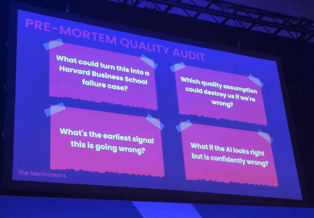 Slide titled "Pre-mortem quality audit" with questions: 

What could turn this into a Harvard Business School failure case? 

What's the earliest signal this is going wrong?

Which quality assumption could destroy us if we're wrong? 

What if the Al looks right but is confidently wrong?