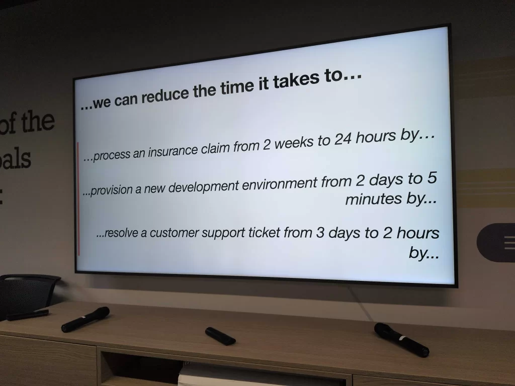 Slide saying "We can reduce the time it takes to...

... process an insurance claim from 2 weeks to 24 hours by ....

... provision a new development environment from 2 days to 5 minutes by ...

... resolve a customer support ticket from 3 days to 2 hours by ..."