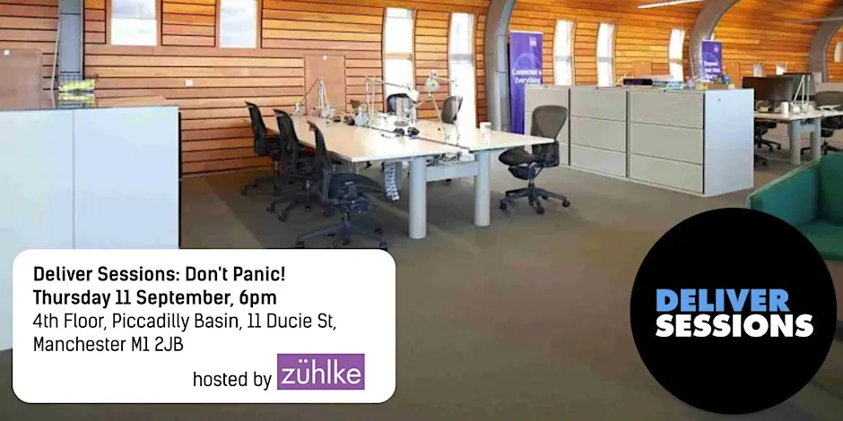 Poster image for the event, with a photo of Zuhlke's nice office. Wooden slotted walls and a curved ceiling, with modern office furniture. The poster also has the time and location of the event, with Zuhlke and Deliver Sessions logos.