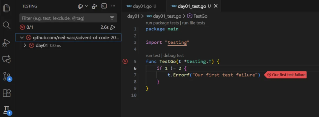 Screenshot of VS Code with day 1 test running. It asserts 1 equals 2, and is showing a message: "our first test failure".