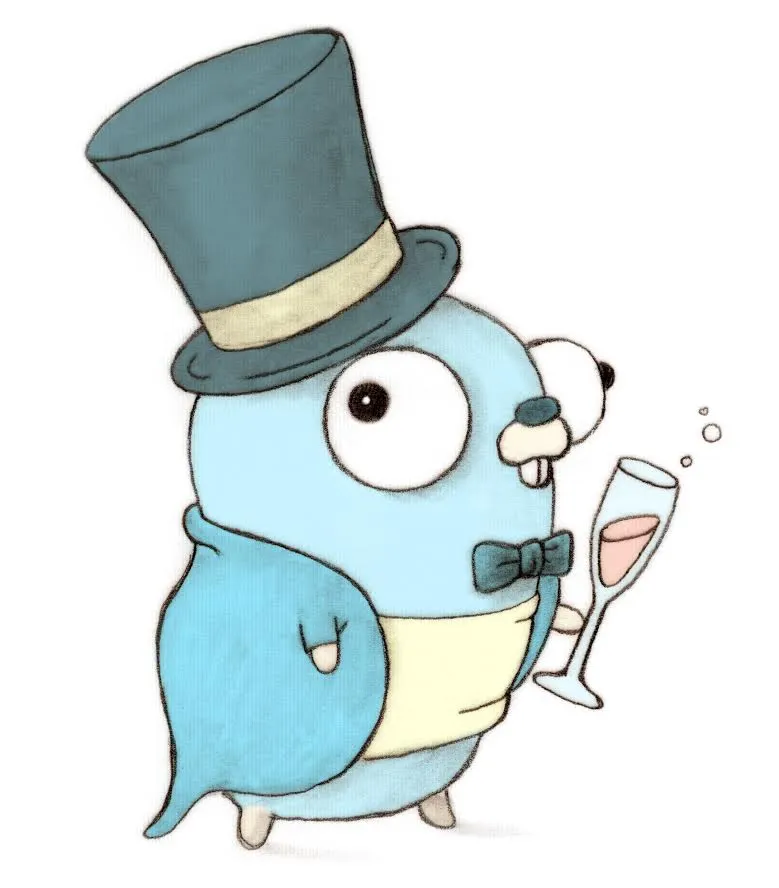The Go gopher wearing top hat and tails, holding a champagne glass.