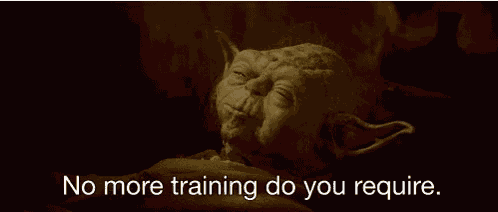 A tired Yoda (small green wise alien from Star Wars) speaking with his eyes almost closed. Caption reads "No more training do your require. Already know you, that which you need."
