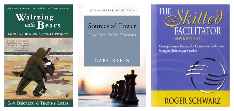 Covers of the 3 books discussed in this section. Waltzing with bears has an illustration of a man in a tuxedo dancing with a bear. Sources of power has chess pieces lined up. The skilled facilitator has wavy lines in a circle.