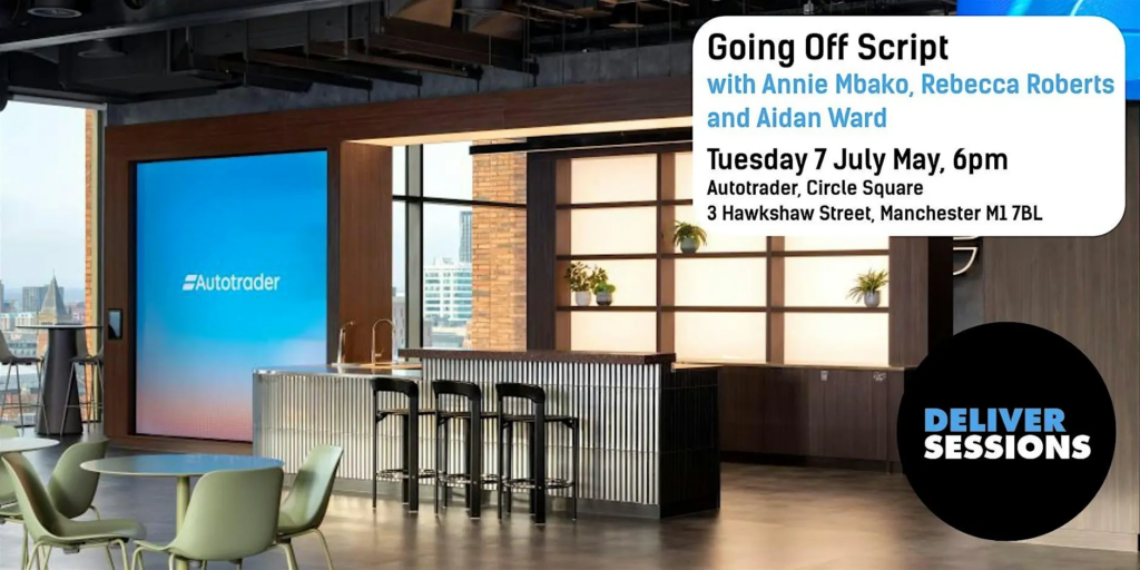 Poster for the event. Background is the inside of Autotrader's office, with tables and stools around nicely-designed furniture.