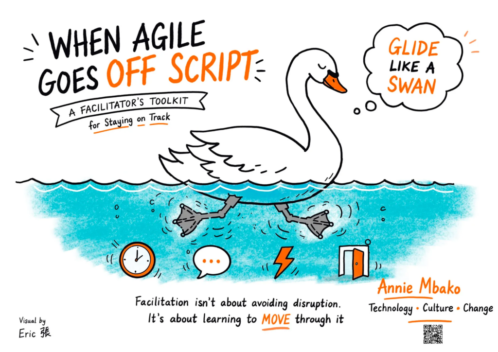 Cartoonish illustration of Annie's workshop themes: a swan is calm above the water, with feet swimming rapidly below. Swan's thinking "glide like a swan". At the bottom, it says "facilitation isn't about avoiding disruption, it's about learning to move through it."